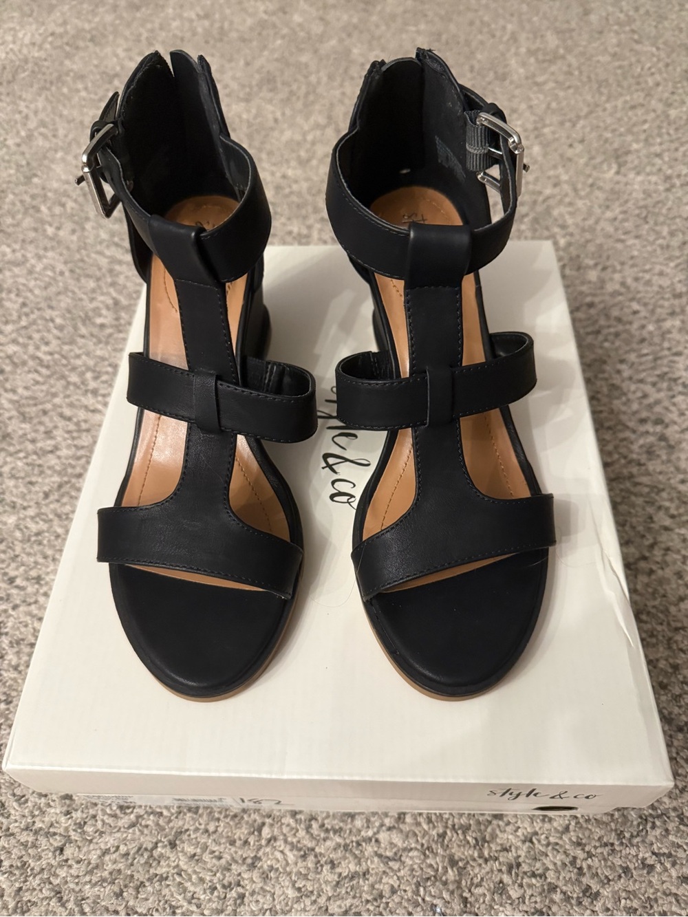 Style & Co. Black Strappy T-Front Ankle Buckle Heels